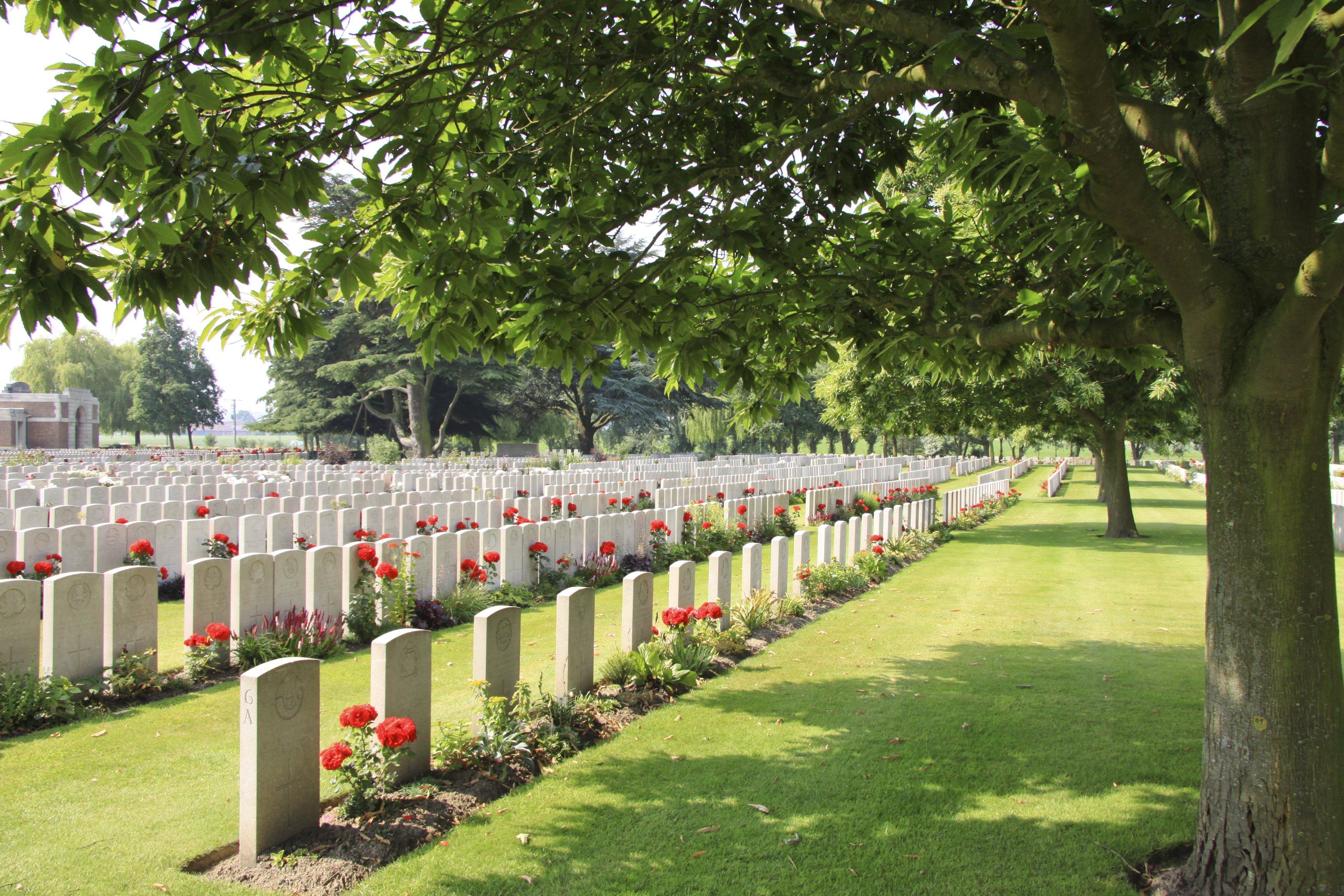 Lijssenthoek Military Cemetery with rows of gravestones