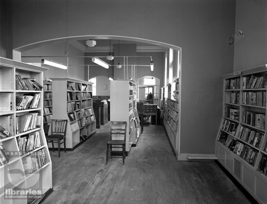 A black and white negative of the interior of Ossett Public Library on Station Road, Ossett.  The library was extended and modernised in 1973.  Internal Reference: OS FOW 647