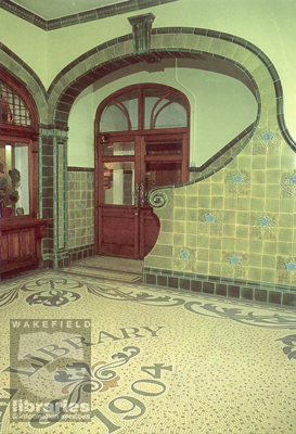 The entrance hall to Pontefract Museum A colour postcard of the Art Nouveau entrance hall of Pontefract Museum. This was originally the Free Library, but was re-opened as a museum in 1978. Internal Reference: PO B440