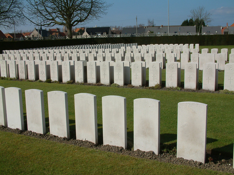 lines of white crosses in a graveyard with trees in the distance