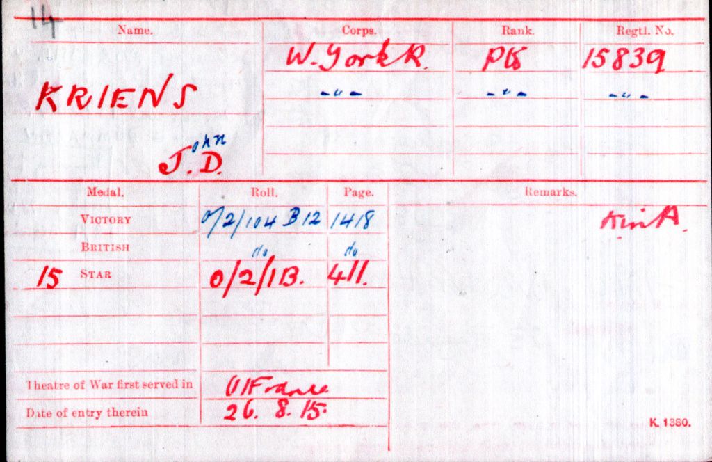 The Medal Index Card of John D Kriens