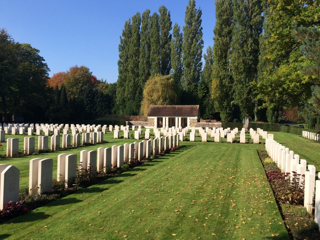 rows of white gravestones line a grass strip with trees in the background