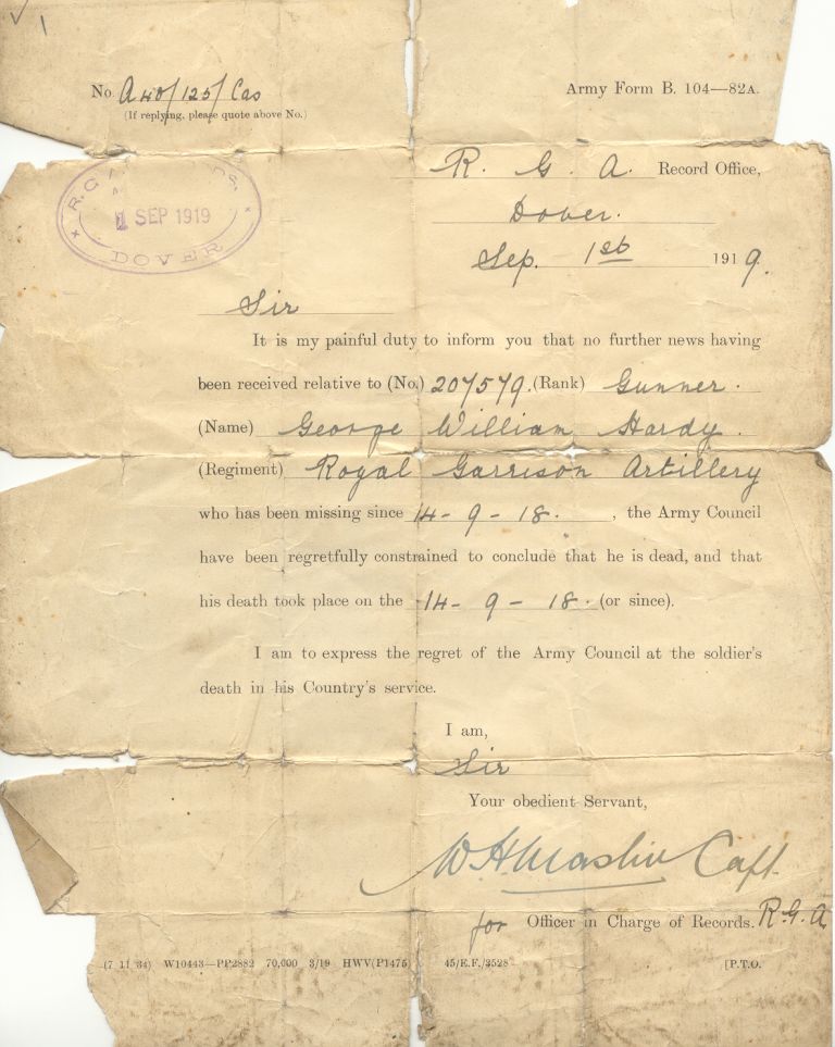 Letter notifying his next of kin that George William Hardy had died dyy