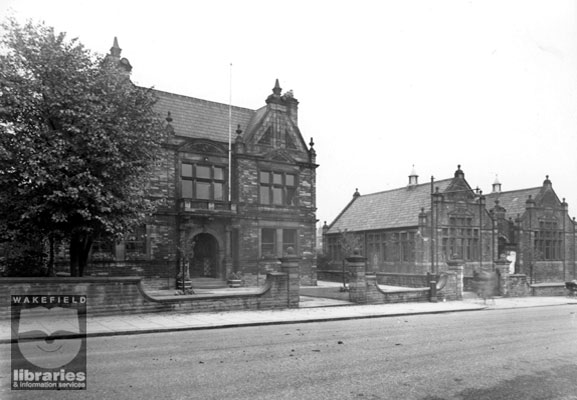Town Hall and Horbury Library, Westfield Road, Horbury A black and white photograph showing the Town Hall on the left and the Public library on the right on Westfield Road, Horbury. The foundation stone for the Town Hall was laid on July 30th 1902. Building commenced in 1905 on the Carnegie Free Library thanks to a grant of £2,000 from the Carnegie Foundation. Internal Reference: WR (LS) Frith Collection