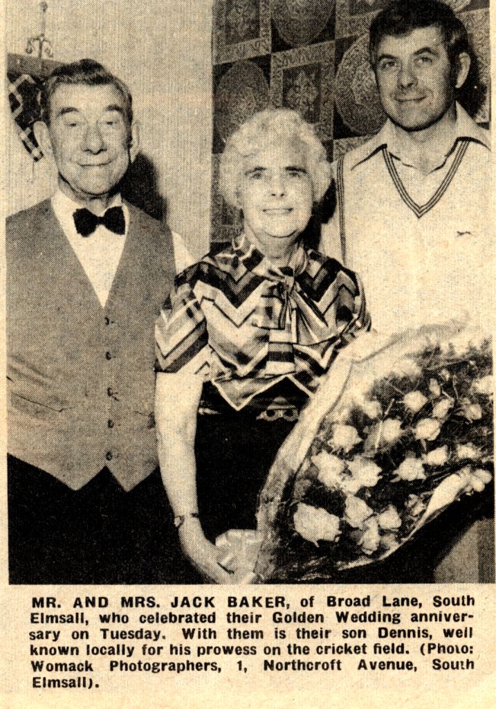 cutting taken from a newspaper of a black and white photograph the caption underneath reads mr and mrs jack baker of broad lane south elmsall who celebrated their gold wedding anniversary on tuesday. with them is their son dennis well known locally for his prowess on the cricket field