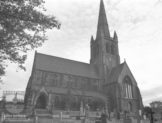 A black and white negative of Holy Trinity Parish Church, Ossett, in it centenary year.  The church was built in the cruciform style, between 1862 and 1865, at a cost of £8,000.  Internal Reference: OS FOW 607