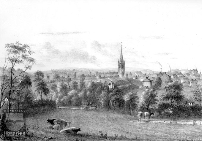 A view of Wakefield and All Saints Parish Church A drawing of a view of Wakefield, circa 1843, drawn by Rev Thomas Kilby, showing Pindar Fields. Tradition has it that here, the Pindar of Wakefield defended the rights of the citizens against Robin Hood and his companions. In the centre can be seen the Parish Church of All Saints, parts of which date back to Norman times, on the site of an Anglo Saxon church. in 1888, it became the Cathedral Church of the new Diocese of Wakefield. Internal Reference: WR (LS)