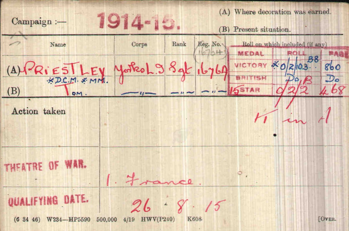 Tom Priestley's medal Index card